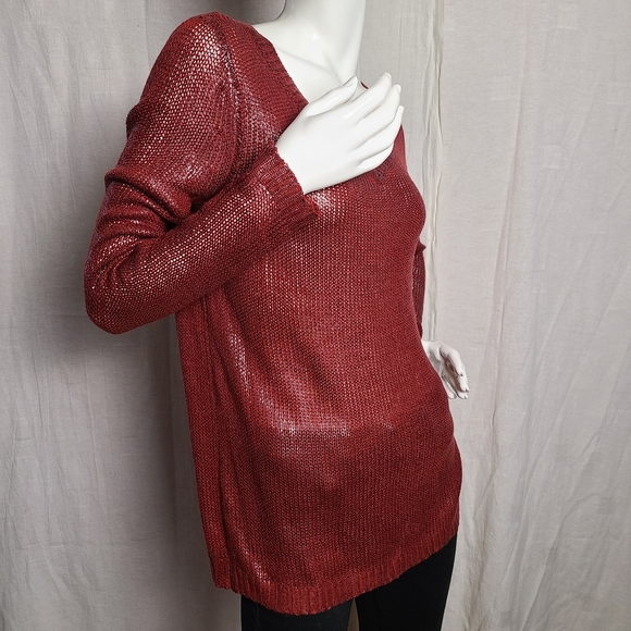 Women's Burgundy Latex Covered Long Sleeves V-Neck Sweater - Picture 7 of 12